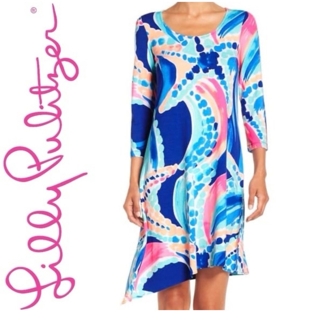 Lilly Pulitzer Coastal Starfish Print Swing Dress Blue Pink 3/4 Sleeve S Resort